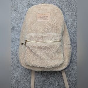 Hollister Cream Sherpa Mini Backpack with Gold Zipper